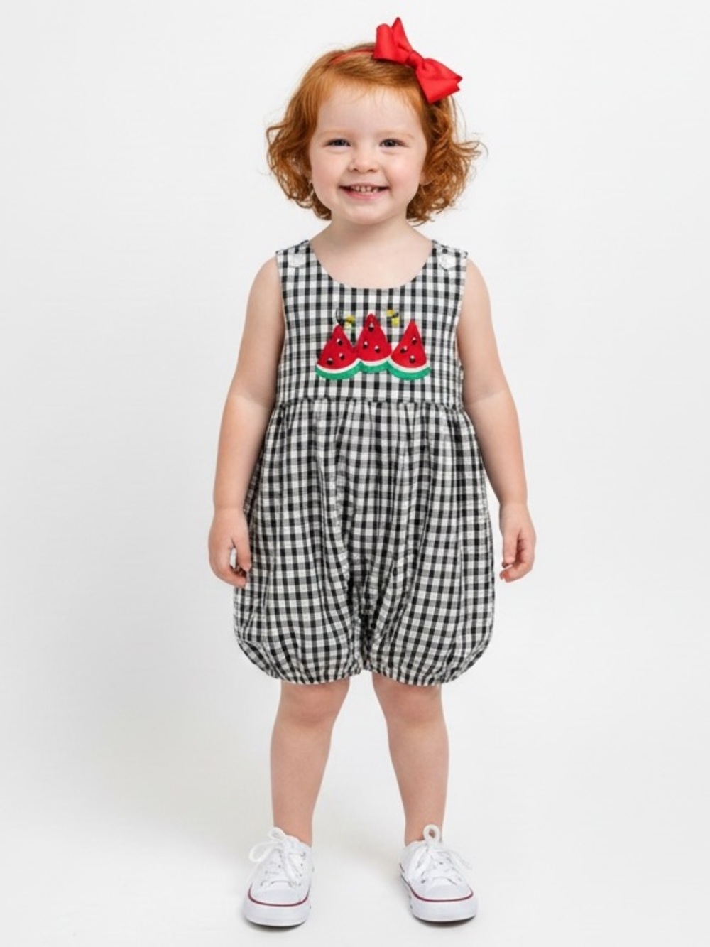 VTG 1990s Seersucker Gingham Watermelon and Bumblebees Appliqué Romper